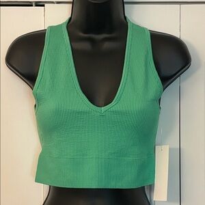 Attifall Emerald Green Ribbed V-Neck Crop Tank Top Women Size M/L